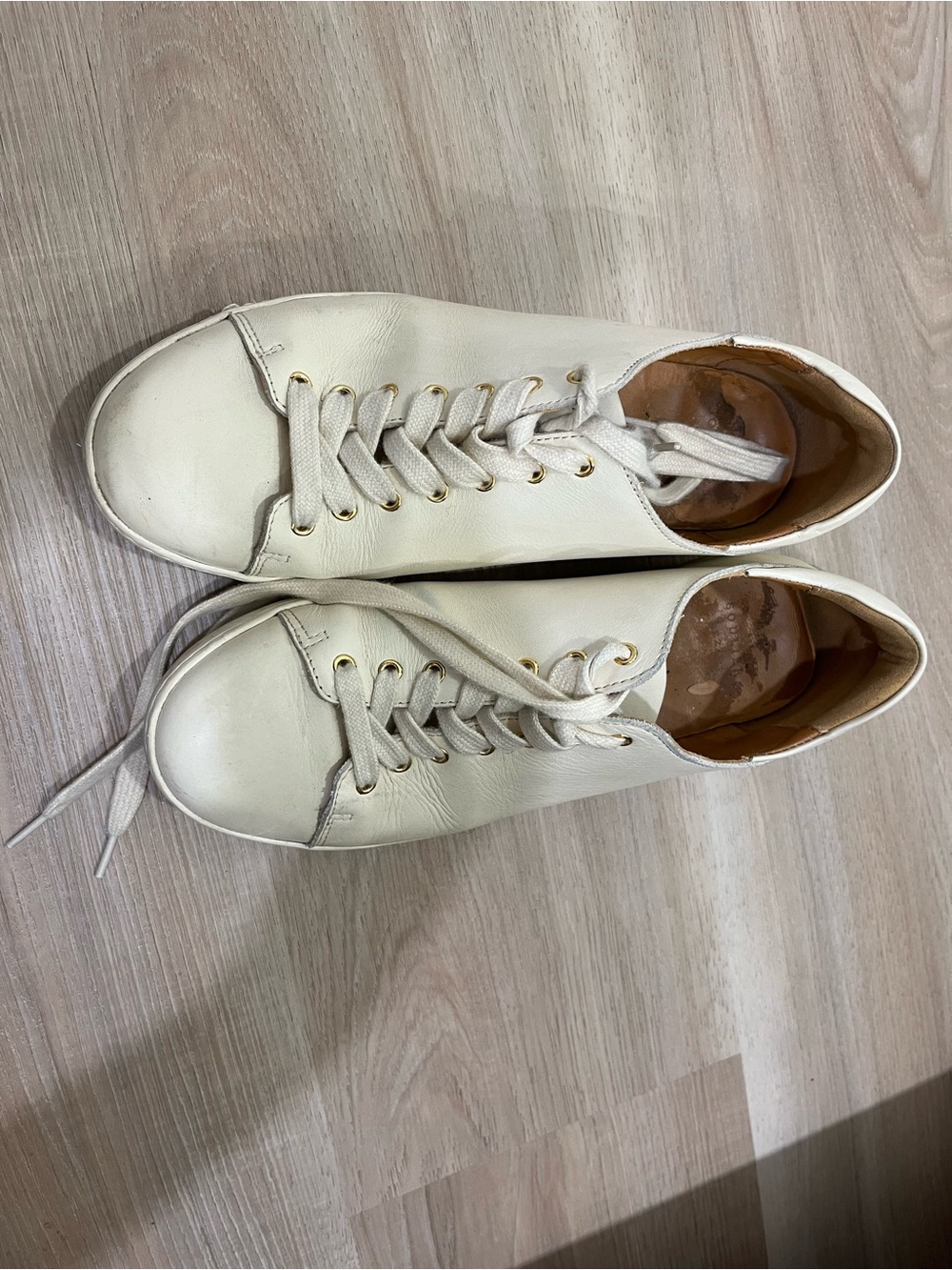 Sezane Cream Leather Lace-Up Sneakers with Gold Eyelets